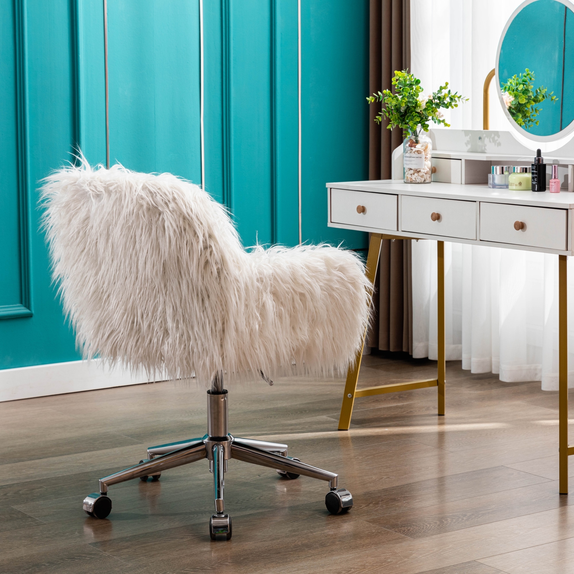 Modern Faux Fur Home Office Chair Fluffy Chair for Girls Makeup