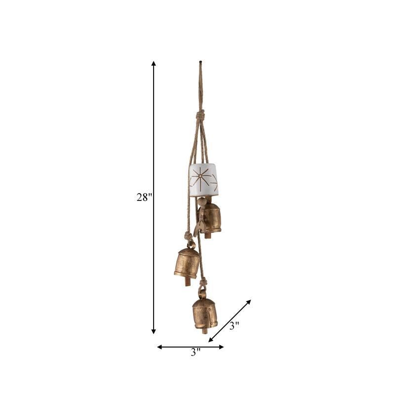 28" Metal Wind Chimes Contemporary Rustic White and Gold Outdoor Wind Chime Bells Iron and Ceramic Peaceful Home or