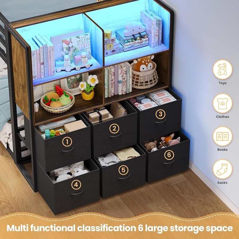 Twin Size Low Loft Bed 6 Fabric Storage Drawers LED Lights Twin Over Twin Bunk Bed
