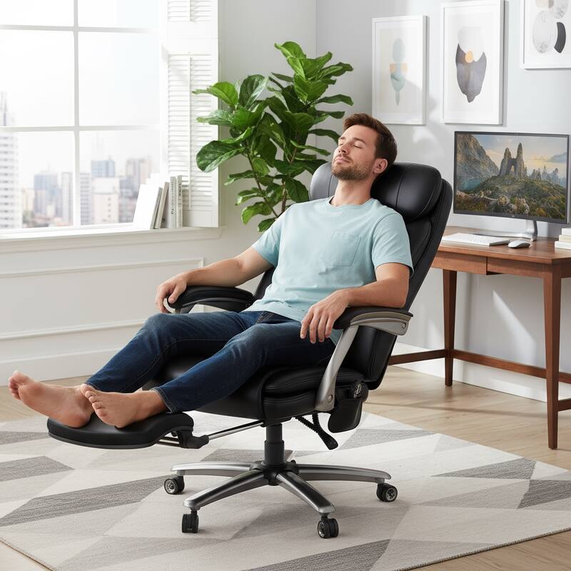 Executive Office Chair with Massage, Heat and Reclining Footrest - Wide Ergonomic Swivel Chair - Black