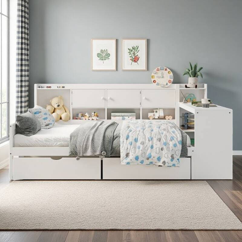 Full Size L-Shaped Daybed with Desk, Bookshelf, Cabinets & Drawers, Multi-Functional Wood Bed with Storage for Kids or Teens - Full White - Full
