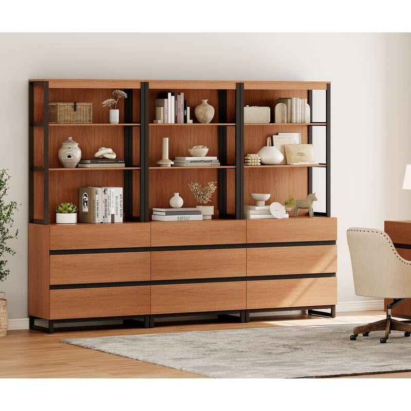 WAMPAT Modern 72" Tall Bookcase with Drawers and Open Book Shelfs, Library Book Shelf for Home Office, Living Room