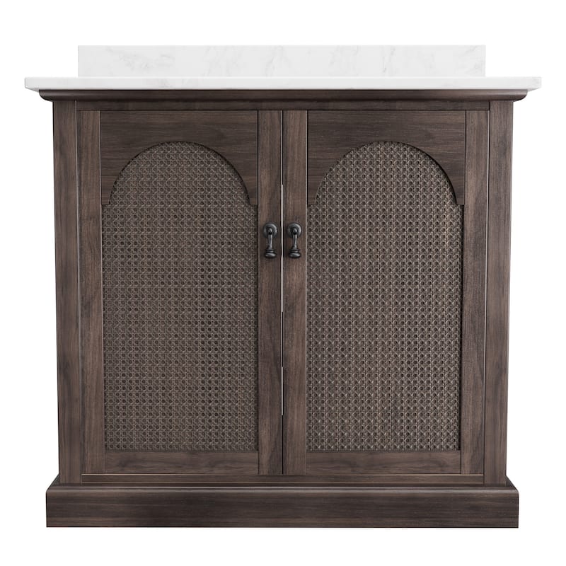 36" Bathroom Vanity with Single Sink, Double Doors, Rattan Accents & Marble-Style Top