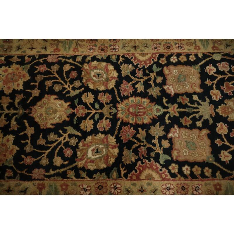 Hand Knotted Oriental 100% Wool Carpet Traditional Floral Black Agra Runner Rug - 12' 2'' X 2' 8''