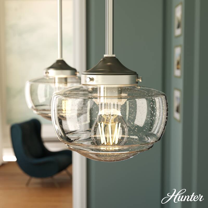 Hunter Saddle Creek 1-Light Mini Pendant / Semi-Flush Mount Ceiling Light - Kitchen Island, Dining Room, Hallway - Brushed Nickel-Clear Seeded glass