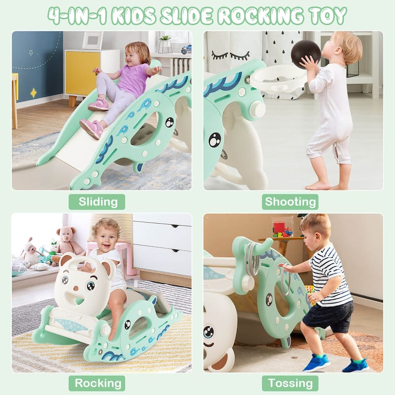 Gymax 4-in-1 Kids Slide Rocking Toy Slide Rocking Horse w/Basketball