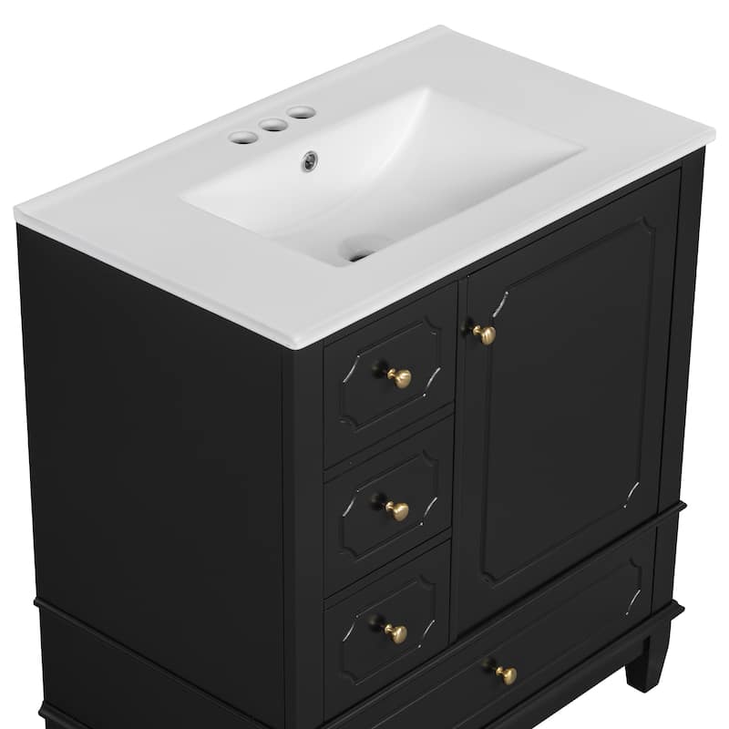 GDFStudio 30" Freestanding Bathroom Vanity with Ceramic Sink and Storage Drawers - 30" W x 18" D x 33.8" H