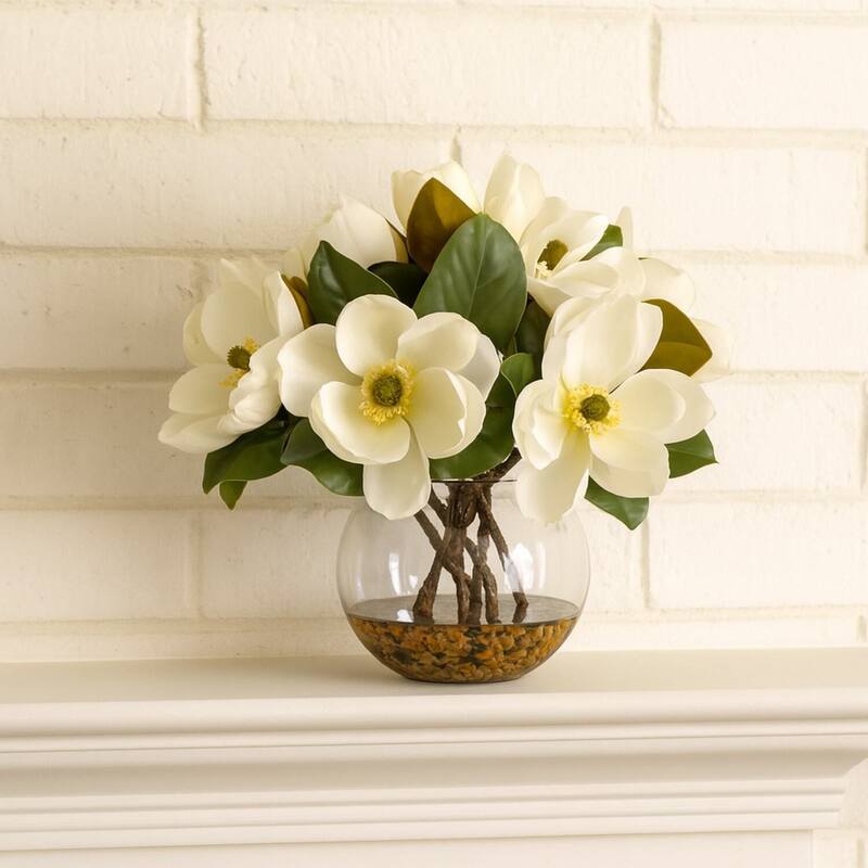 HomeStock Cream Magnolias in Clear Glass Bubble Bowl - Timeless Faux Floral Centerpiece for Living Rooms - 18