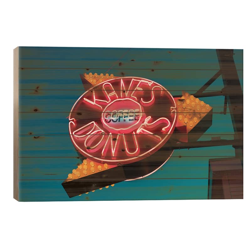 Neon Sign, Kane's Donuts, Saugus, Essex County, Massachusetts, USA Print On Wood by Walter Bibikow - Multi-Color - 18x26x1.5