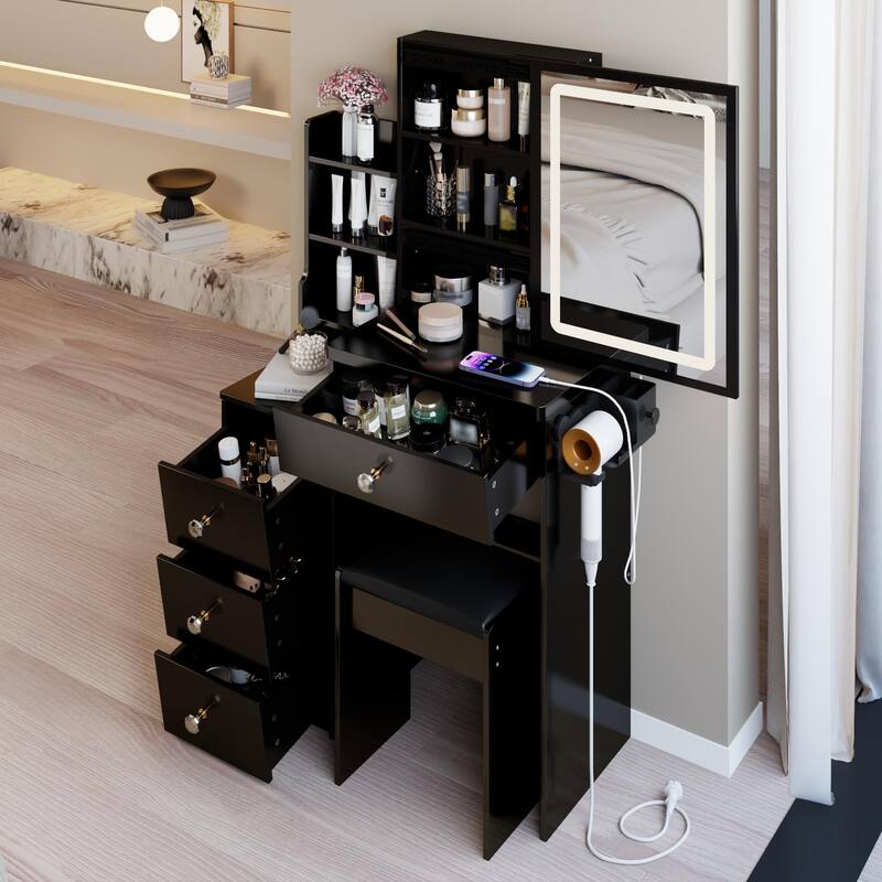 Small Size Left Bedside Cabinet Vanity Table+Cushioned Stool,USB Power Station,Touch Control Sliding LED Mirror