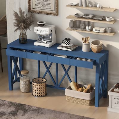 4 Drawers Console Table, Long Narrow Entryway-Table with Drawer & Open Bottom Storage, Crisscross Design Sofa Tables