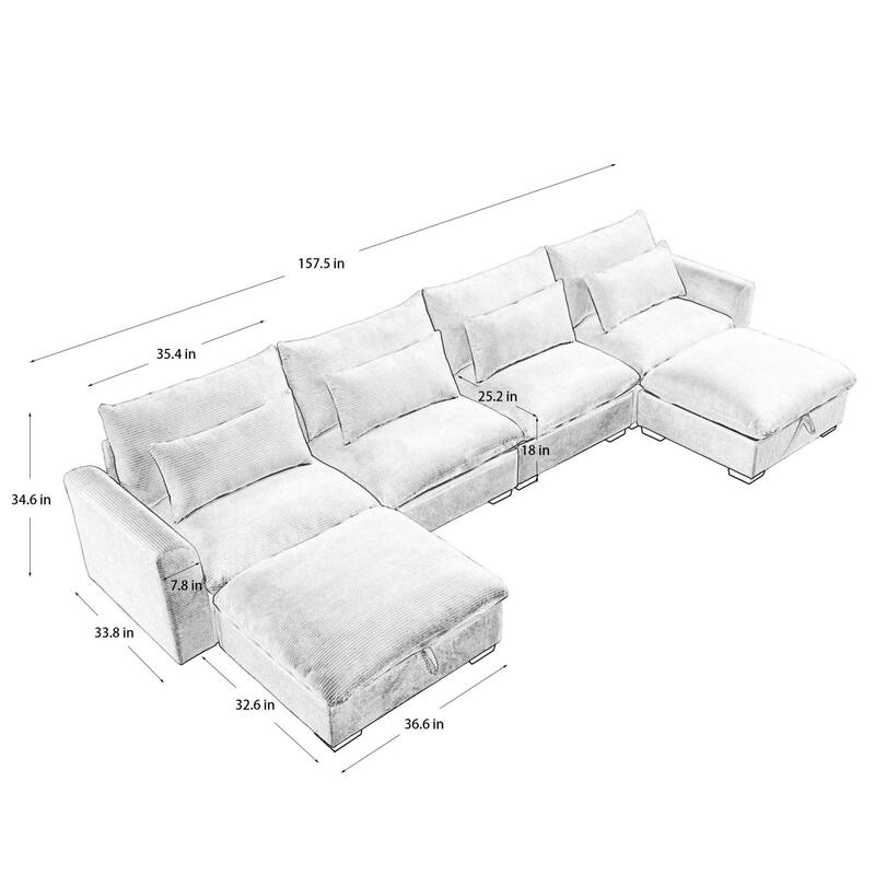 Corduroy Reversible Modular Sectional Sofa with 2 Storage Ottomans and 4 Waist Pillows