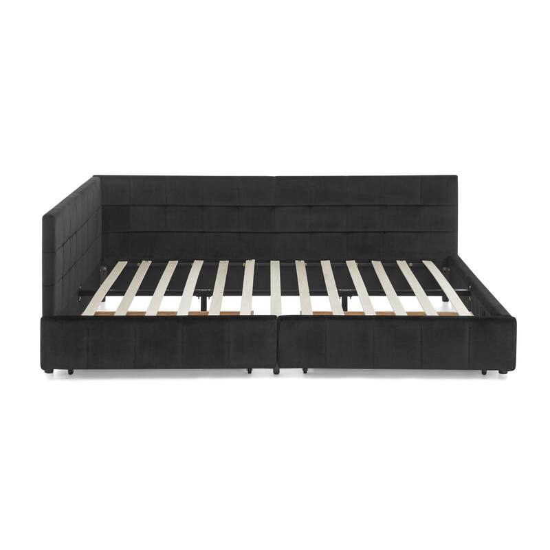 Full Size Daybed Grounded Bed Velvet Upholstered Tufted Bed Frame with L-shaped Backrest & Armrests for Livingroom or Bedroom