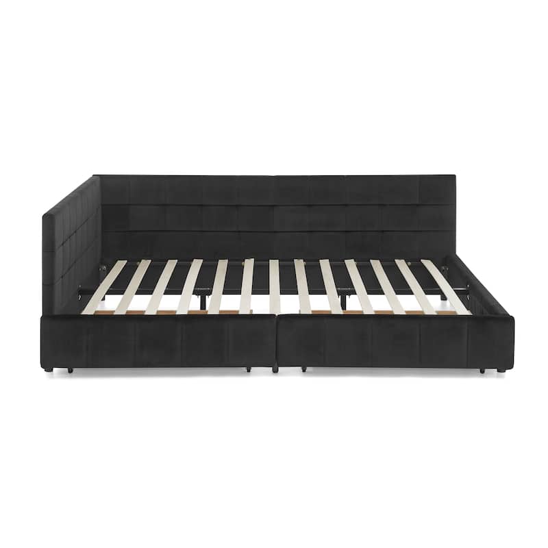 Queen Size Bed Upholstered Tufted Bed Frame Storage Sofa Bed Frame with L-shape Guardrail Velvet Platform Bed for Living Room