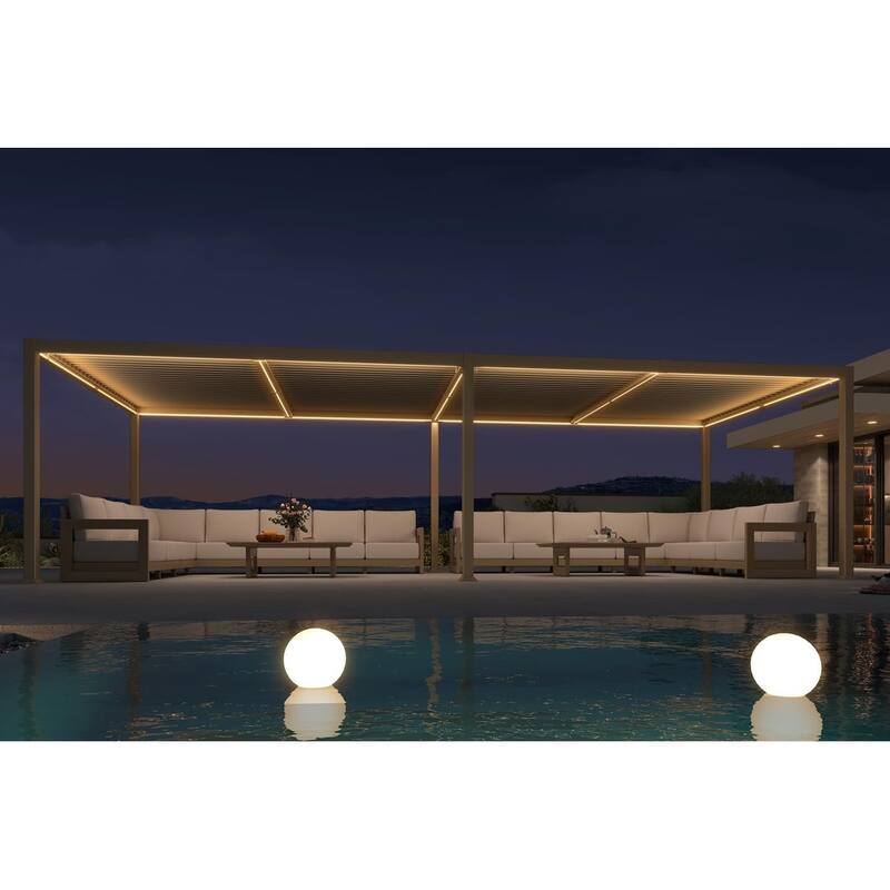 PURPLE LEAF Solar Louvered Pergola with LED String Lights Aluminum Outdoor Pergola with Adjustable Roof for Patio Garden - 11' x 23' - Champagne