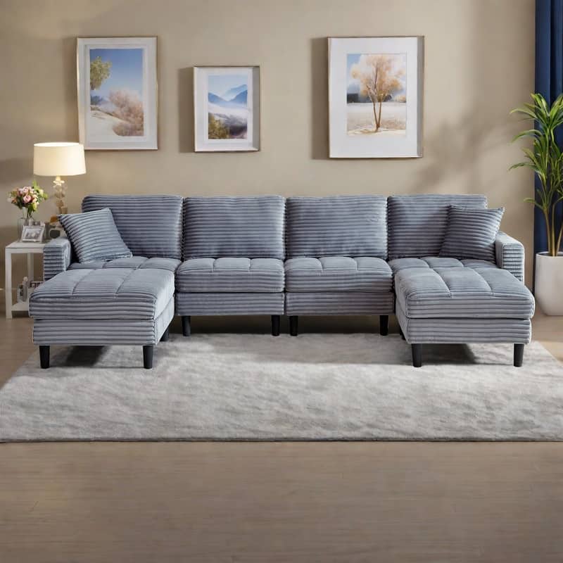 122.5" Corduroy U-Shaped Sectional Sofa with 2 Ottomans, 2 Pillows and Modular Design - Grey
