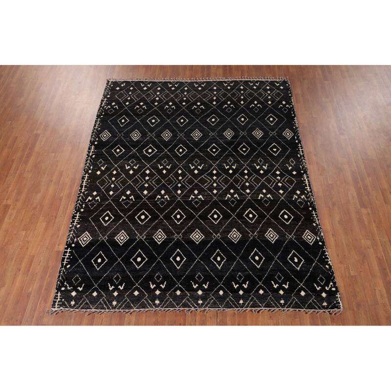 Dark Blue & Brown Moroccan Oriental Area Rug Hand-Knotted Wool Carpet - 8'0" x 10'0"