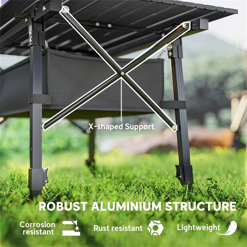 Black Portable Camping Table with Adjustable Height and Foldable Aluminum Frame Oxford Storage Basket