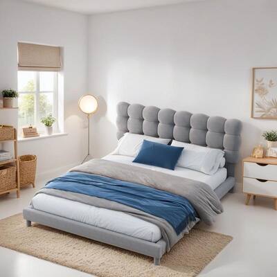 Full Size Velvet Platform Bed with Soft Headboard, Upholstered Bed with Support Legs, Wooden Bed for Bedroom, Grey