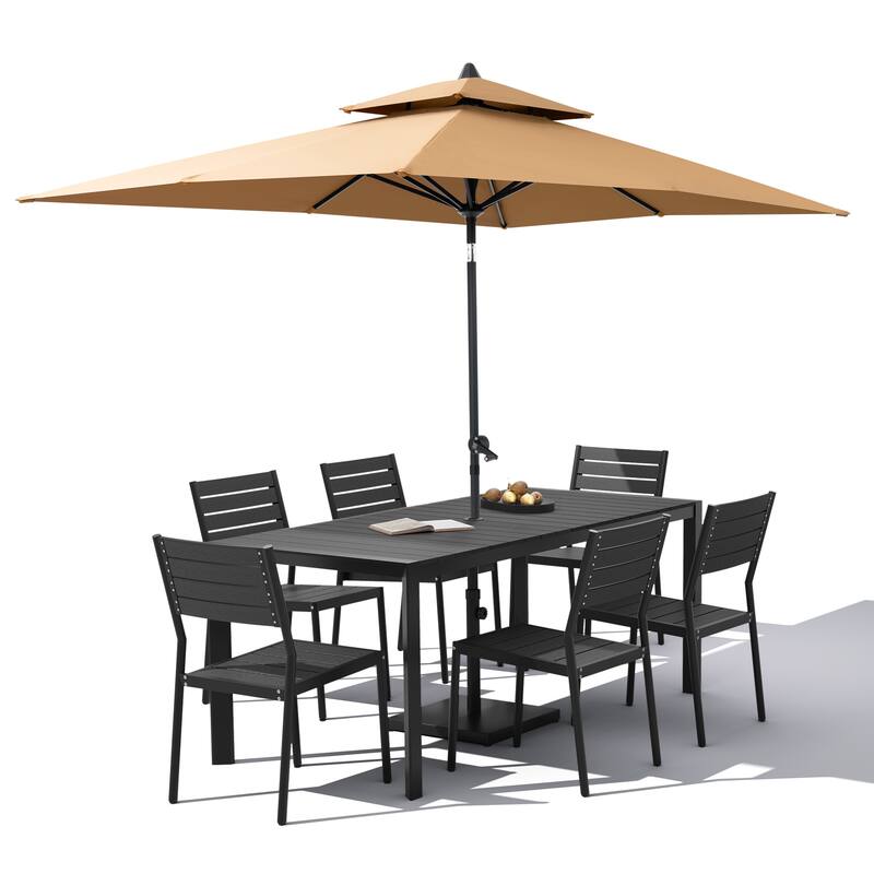 9-Piece Outdoor Patio Dining Set Wood Like Aluminum Umbrella Hole Table with Stackable Chairs, Market Umbrella and Base