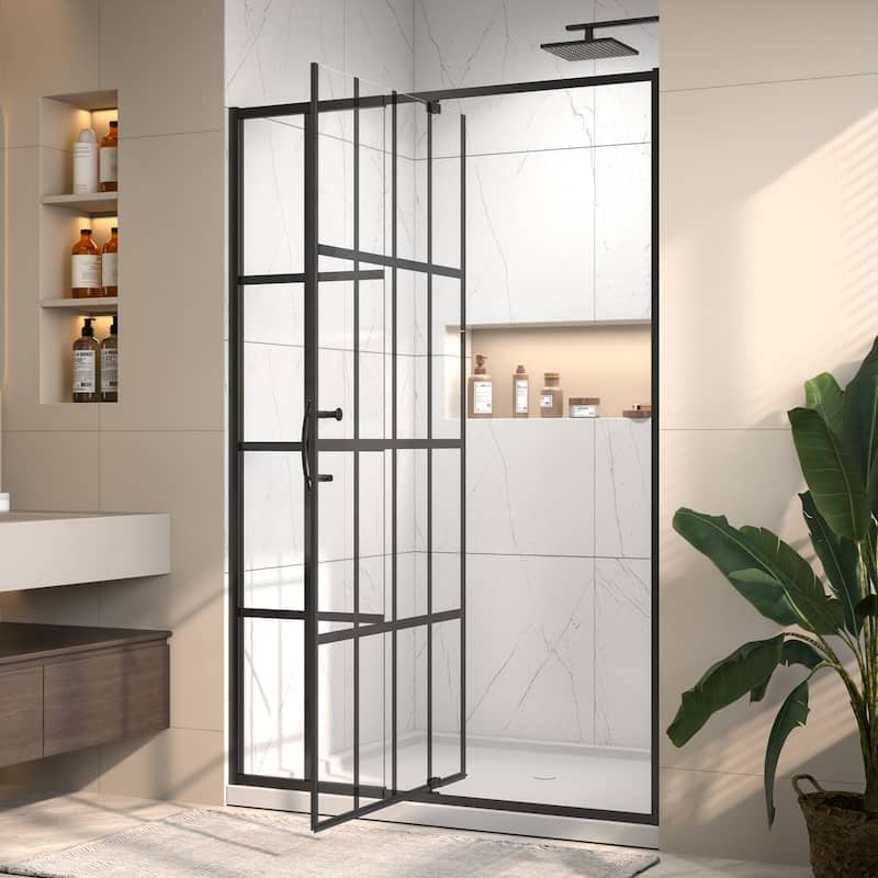 Modland 42" / 48" x 71''H Grid-pattern Pivot Shower Door - Silent Seal, Textured Glass, 4" Adjustable Frame