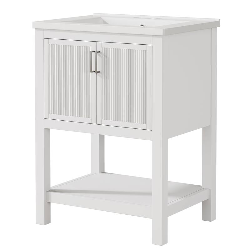 24" Single Bathroom Vanity with Ceramic Sink, Solid Rubberwood Frame & Open Storage Shelf