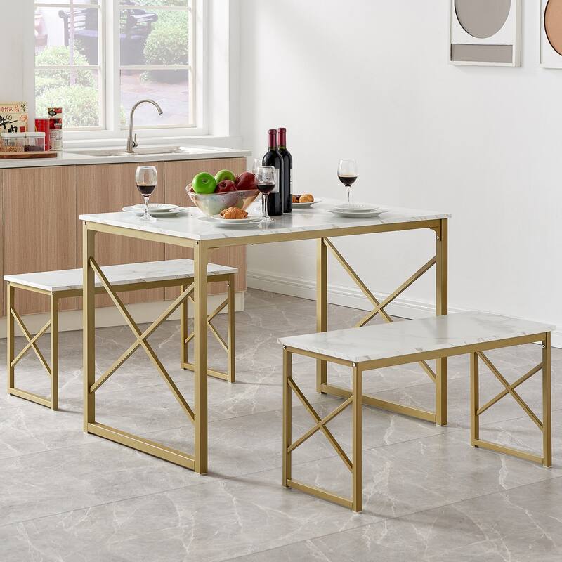 44.3" Dining Table with Benches Kitchen Table set for 4 Rectangular Dining Room Table Set with 2 Metal Wood Benches - Gold