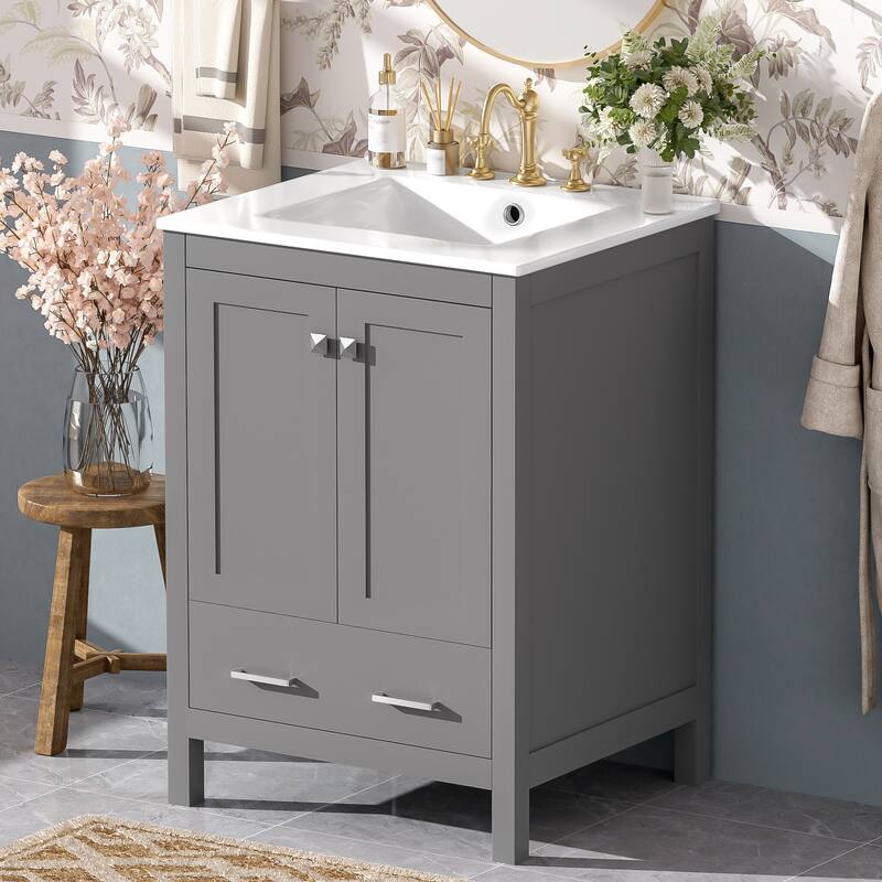 Bathroom Vanity with Sink, Multi-Functional Bathroom Cabinet, Bathroom Vanity with Door Shelf, Soft-Close Doors & 1 Drawer - Gray