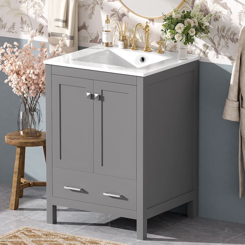 GDFStudio - Aurora Wood & Ceramic Bathroom Vanity Set with Sink and Divided Drawers - 24" - Grey