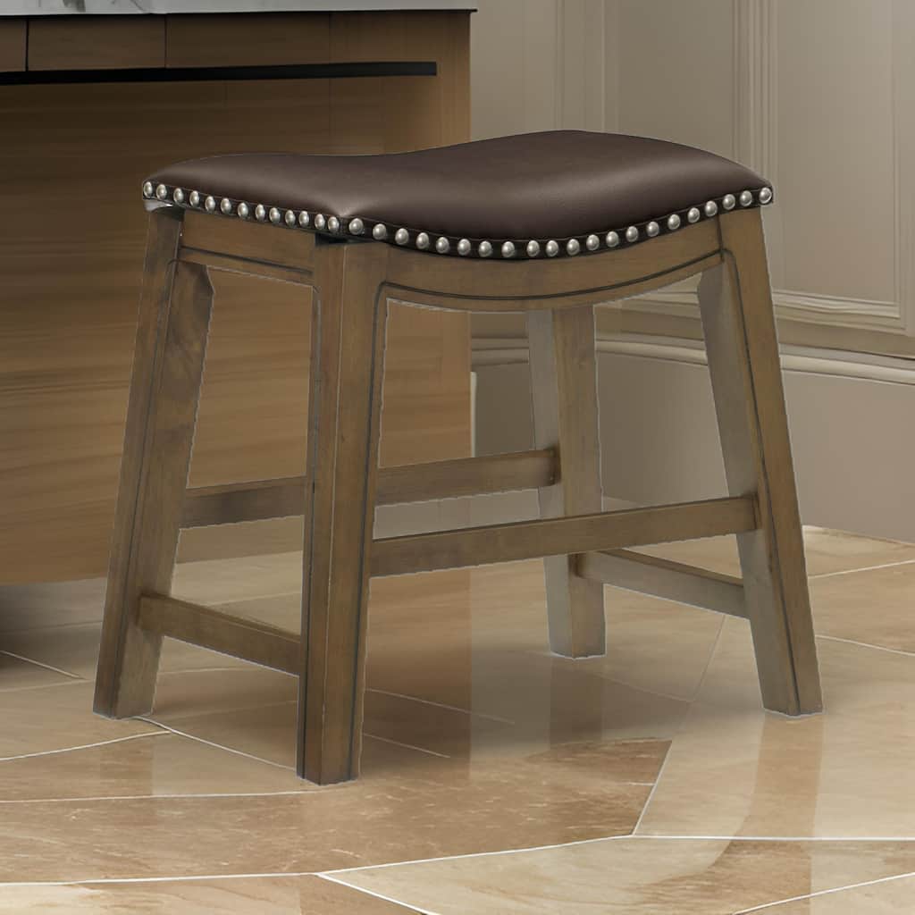 Miel 20 Inch Dining Stool, Brown Faux Leather, Brown Solid Wood, Nailheads