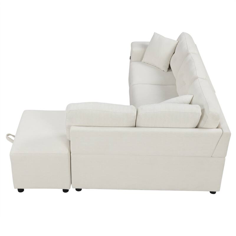 Convertible Sectional Sofa Bed with Ottoman, Chenille L-Shaped Pull Out Couch with Drawer 2 USB Ports & 2 Cup Holders