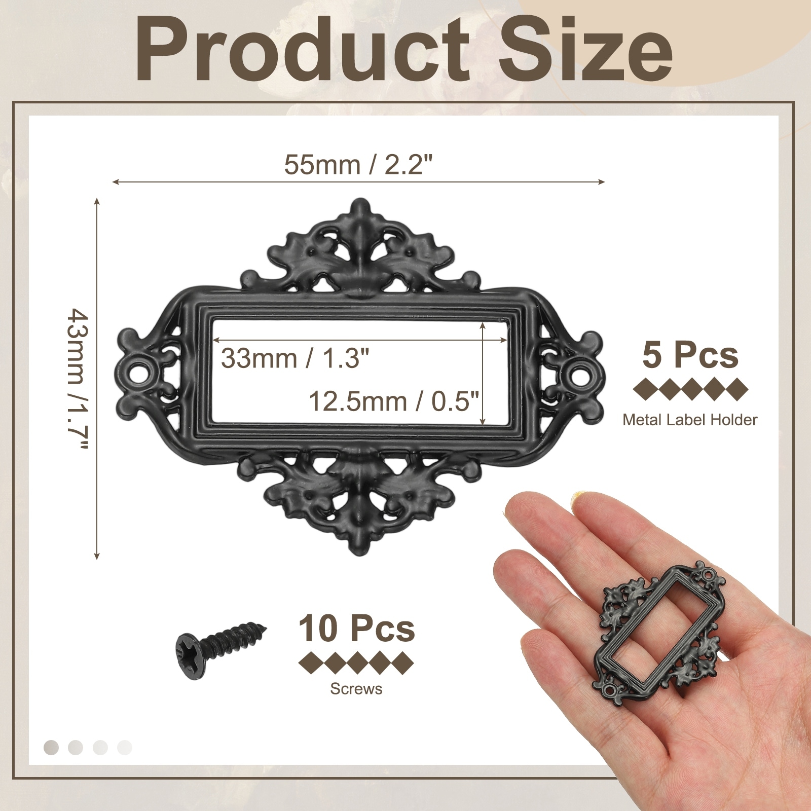 Metal Label Holder, Small Vintage Card Frame Tag Floral Lace Label Holder with Screws for File Boxes Drawers Door Cabinet