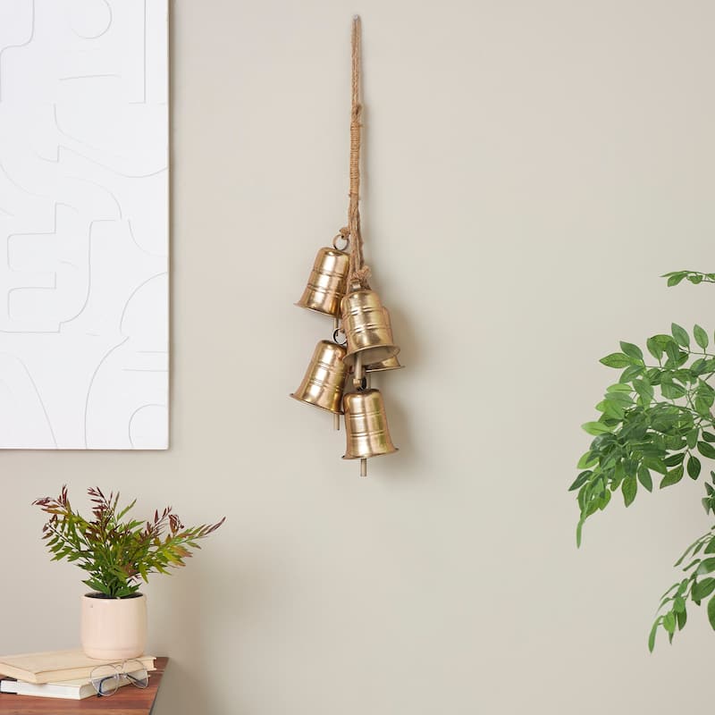 Gold Metal Cluster Decorative Bells with Jute Hanging Rope - Gold - 8" x 8" x 26"
