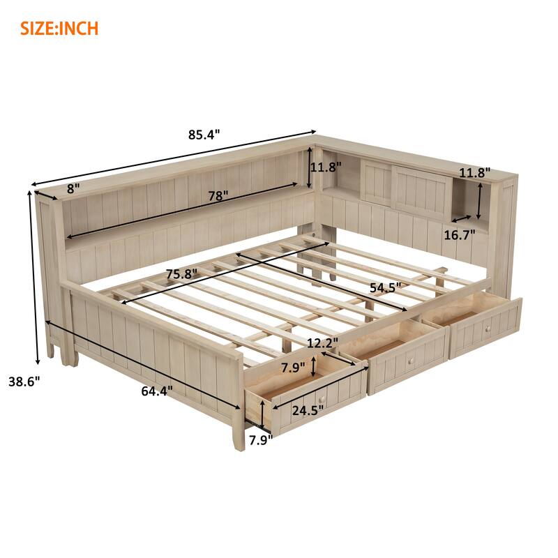 Roomfitters Twin/Full Wood Daybed with Storage Shelves and Multi-Use Underbed Compartments, Cream