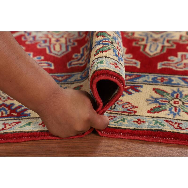 Red Geometric Kazak Foyer Rug Hand-Knotted Oriental Wool Carpet - 3'5" x 5'2"