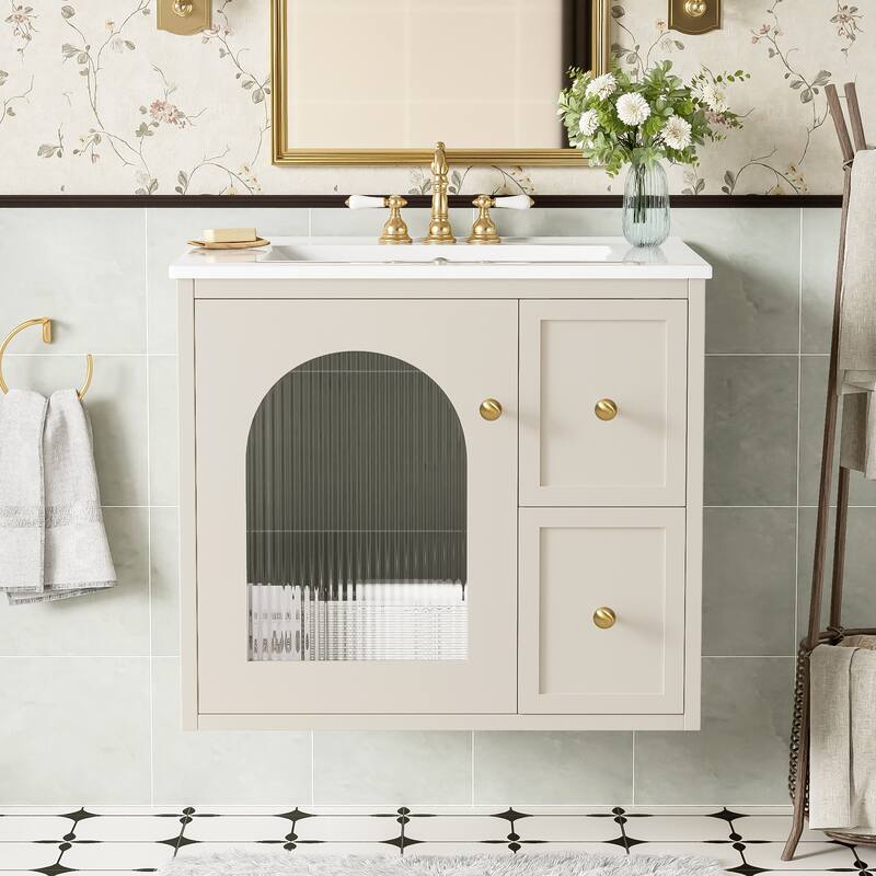 24'' Wall Mounted Bathroom Vanity with White Integrated Ceramic Sink - 24'' x 18'' x 21.75'' - Beige