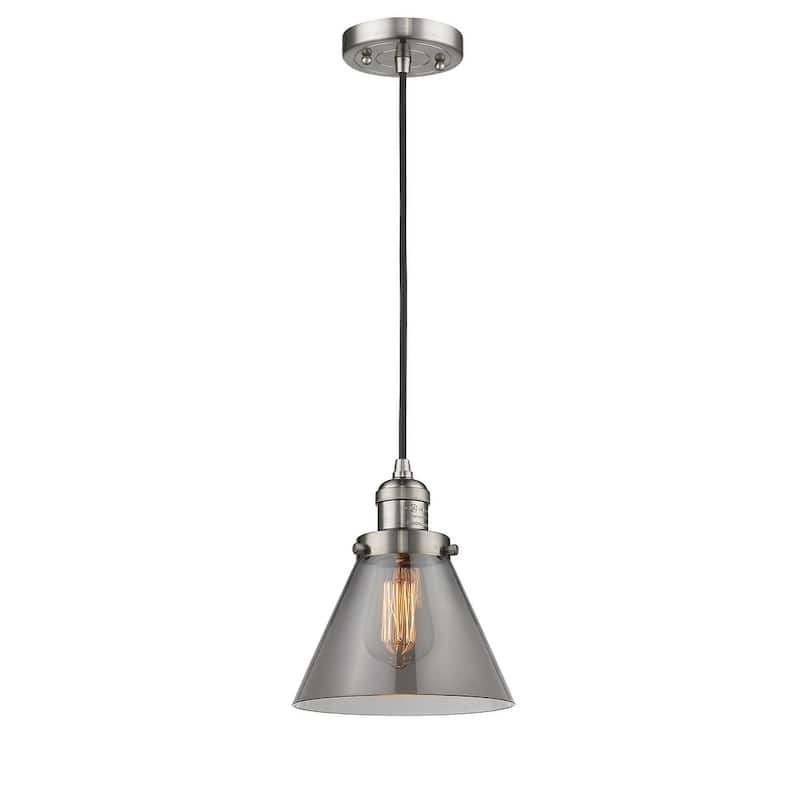 Innovations Lighting Large Cone 8" Wide Mini Pendant - Cord Suspension - Brushed Satin Nickel / Smoked