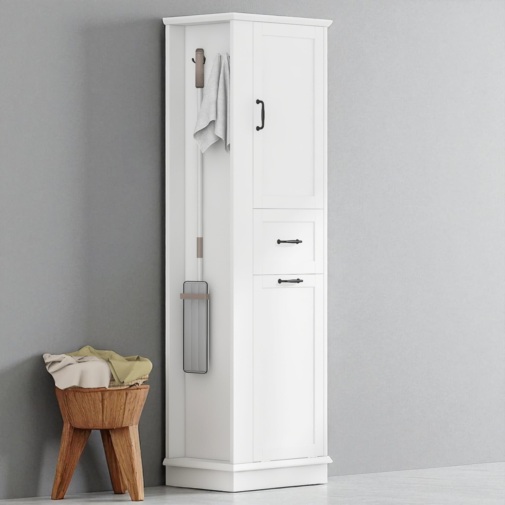 Modern Tall Storage Cabinet with Tilt-Out Compartment, Adjustable Shelves, Soft-Close Hinges, and Aluminum Alloy Handles