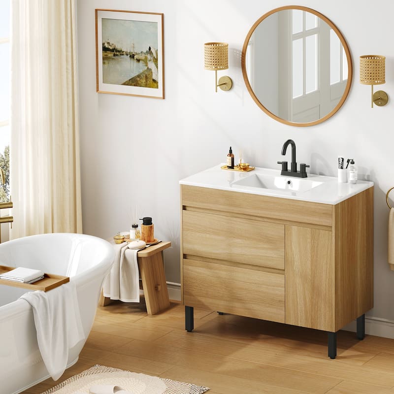 Moasis 36 Inch Freestanding Bathroom Vanity with Ceramic Sink 1 Cabinet and 2 Drawers