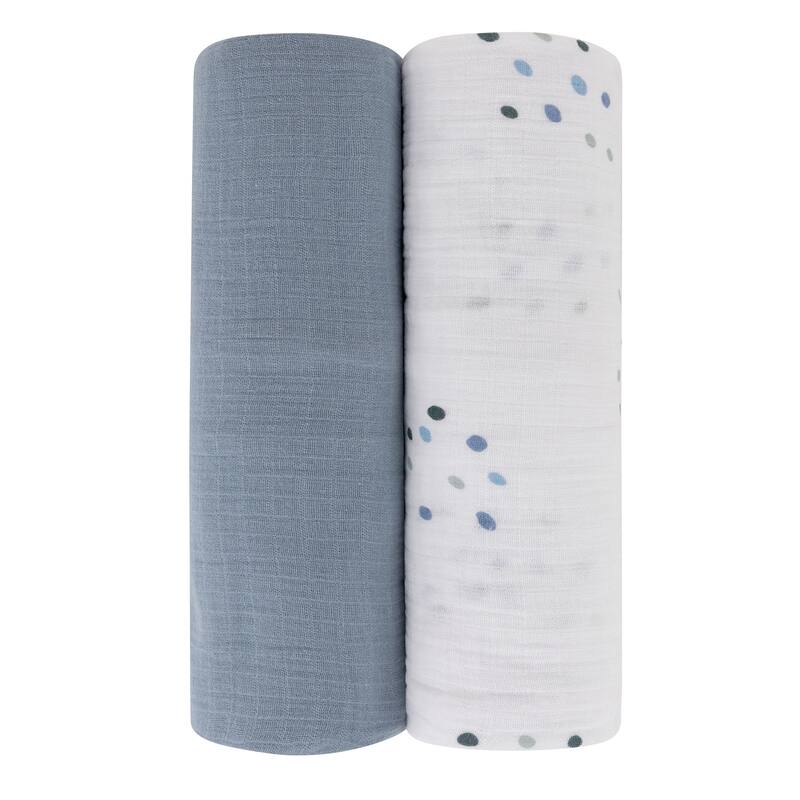 Ely's & Co. Cotton Muslin Swaddle Blanket - 2 Pack - 42"x42" - 0-24 months - Blue Dots/Solid Blue
