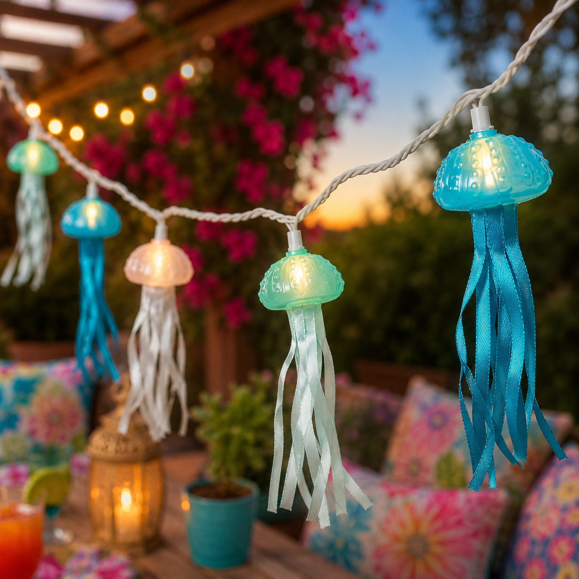 Jellyfish Indoor Outdoor Patio Light Set - Multicolor - 6' White Wire - 10ct