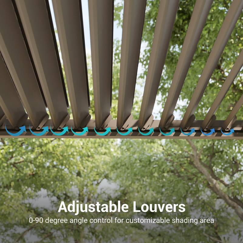 BONOSUKI Outdoor Aluminized Steel LED Louvered Pergola with Adjustable Roof, Brown