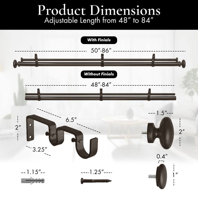 Meriville 1-Inch Diameter Prima Telescoping Double Window Treatment Curtain Rod