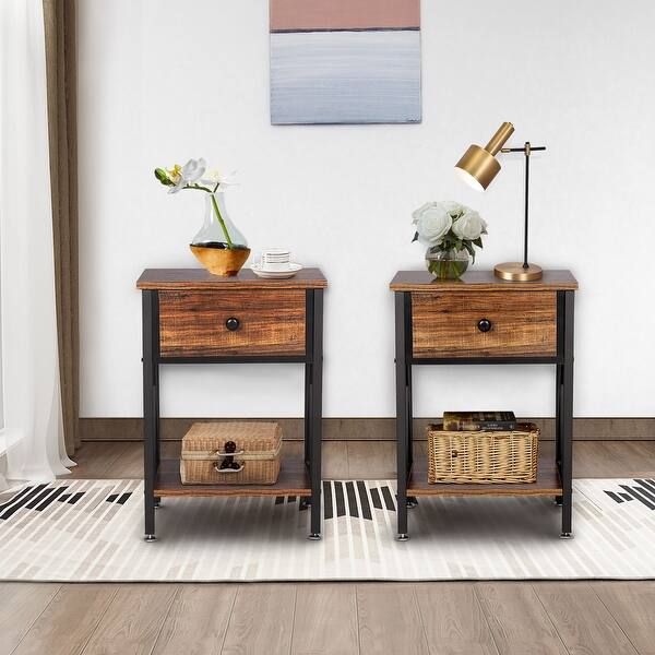 Shop Vecelo Set Of 2 Nightstand 2 Layer 1 Drawer Bedside End Table Brown Overstock 29627039