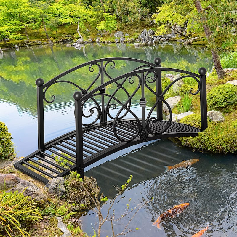 Outsunny Classic Garden Bridge with Safety Railings Arc Footbridge Decorative Pond Bridge for Backyard Creek Stream, Rust Brown