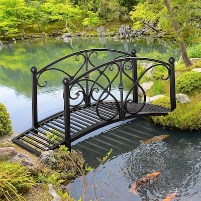 Outsunny Classic Garden Bridge with Safety Railings Arc Footbridge Decorative Pond Bridge for Backyard Creek Stream, Rust Brown