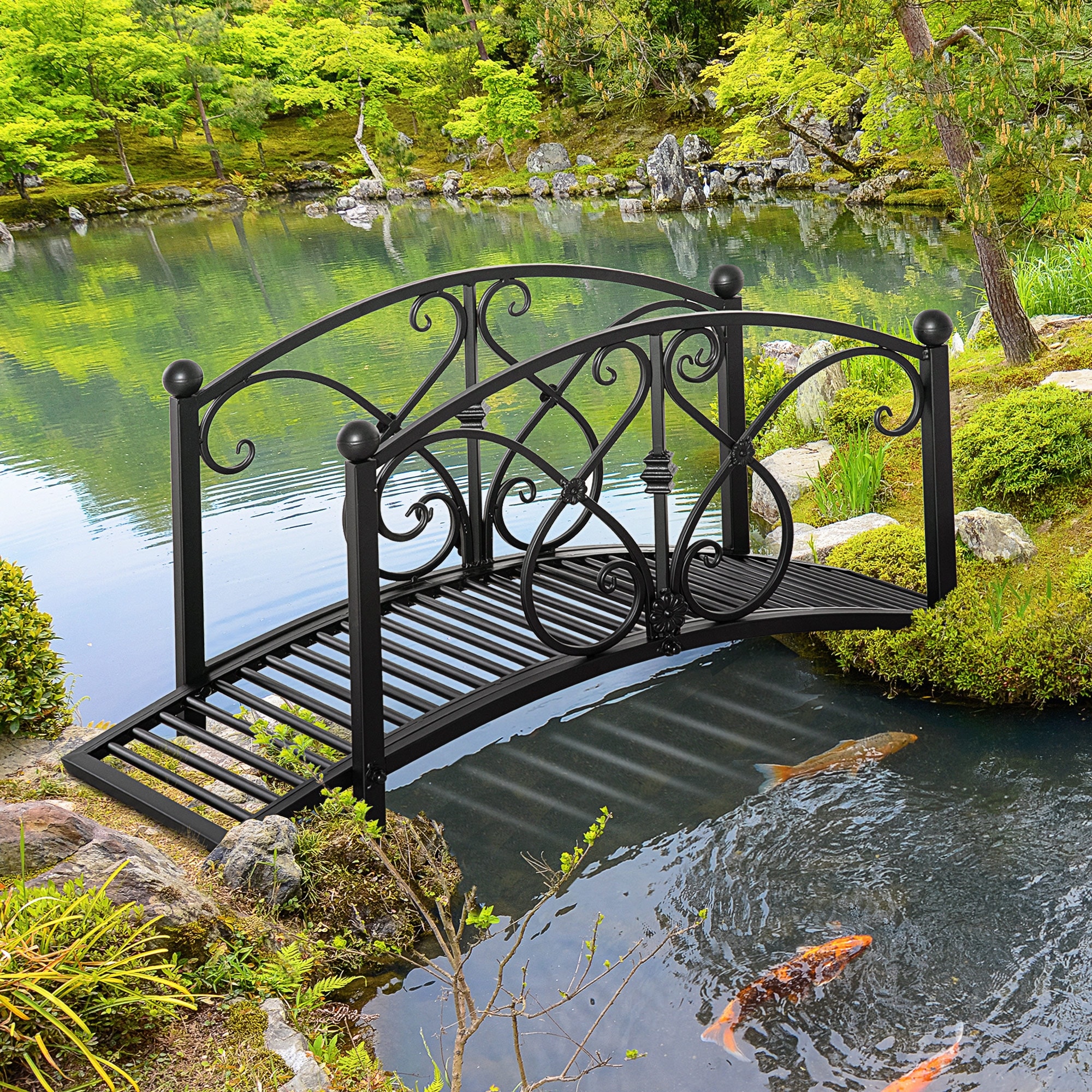 Outsunny Classic Garden Bridge with Safety Railings Arc Footbridge Decorative Pond Bridge for Backyard Creek Stream, Rust Brown