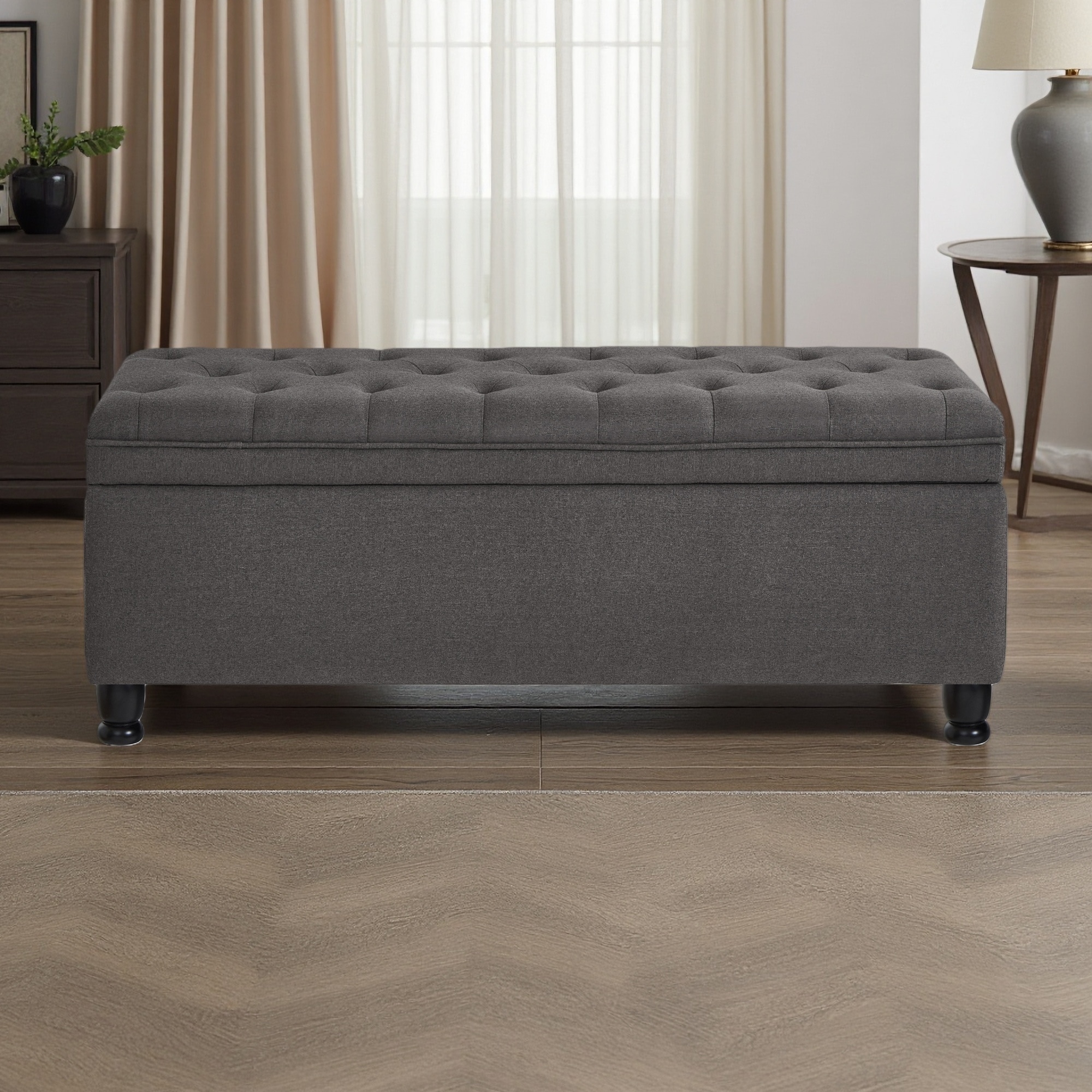 45"L Linen Fabric Upholstered Tufted Button Storage Bench, Spindle Legs