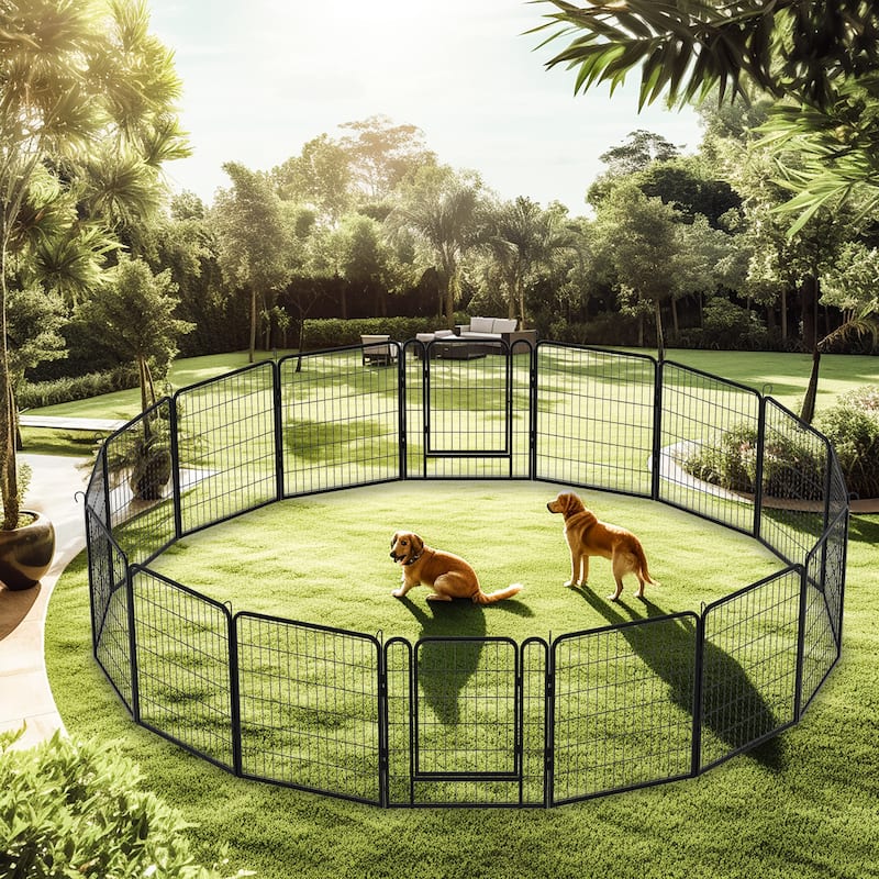 16 Panels Heavy Duty Metal Playpen with door,31.7"H Dog Fence Pet Exercise Pen for Outdoor - Black