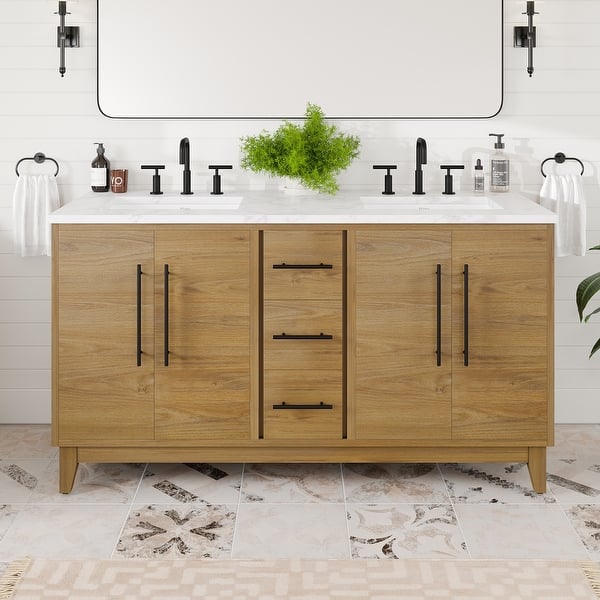 Vanity Art 60 in. W x 22 in. D x 34 in. H Double-Sink Bathroom Vanity in Natural Oak with Engineered Marble Top in Arabescato White